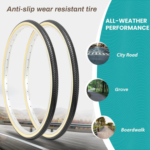 Two Pack 26 By 1 And Three Eighths Inch Folding Bike Tires With Inner Tubes And Tire Levers For Vintage Urban Bicycles Schrader Valve ETRTO 37 590 Mm Replacement Set Classic Retro Look Ready To Roll, shown with anti-slip tread and all-weather performance features.