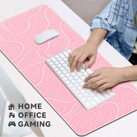 XL Gaming Mouse Pad 31.5 By 11.8 Inches With Non Slip Rubber Base And Stitched Edges, Pink Topographic Print on desk with keyboard