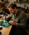 Technician utilizing Electromagnetic Inductance Tester Kit For Motherboards And Car Electronics, 3 Pack Coil Testers on PCB board.