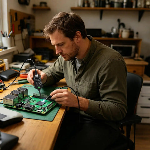 Technician utilizing Electromagnetic Inductance Tester Kit For Motherboards And Car Electronics, 3 Pack Coil Testers on PCB board.