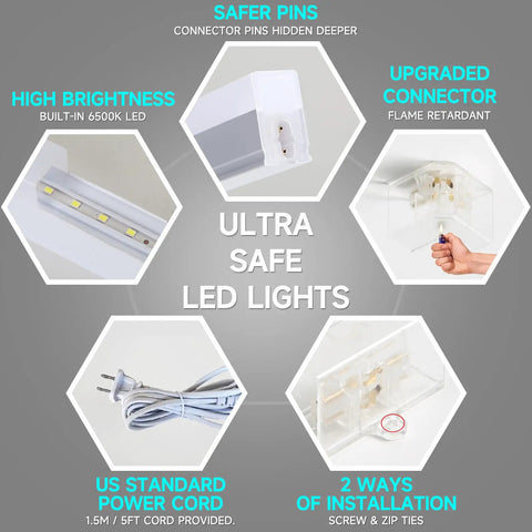 Hexagon LED Garage Lights 6500K Cool White Hex Ceiling Fixture details, showing safer pins, connector, and installation methods