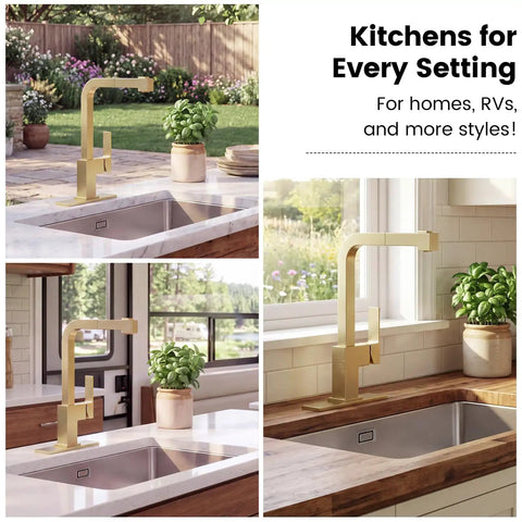 APPASO Gold Kitchen Faucet with Pull Down Kitchen Faucets at a modern kitchen sink with fresh herbs indoors.