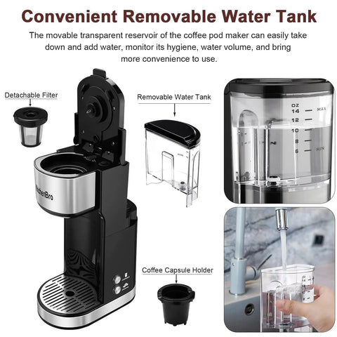 Single Serve K Cup Coffee Maker With 14 Oz Removable Water Reservoir Fast Brew Self Cleaning Function Compact Black Coffee Machine For Home Or Office Easy One Cup Brew System featuring detachable filter and capsule holder