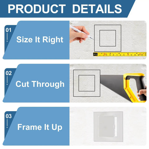 Image showing instructions for White Hinged Removable Drywall Access Panels Smooth Action Straightforward Install No Hassle Wall Cover For Plumbing Electrical Wiring Heavy Duty Abs Plastic 3 Pack 5 By 5 Inches.