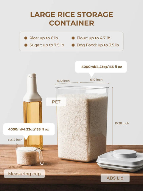 Airtight Food Storage Containers With One Hand Pop Lid Four Pack Four Point Two Two Quart Stackable Large Modular Organizers With Measuring Scoops BPA Free For Rice Flour Baking Supplies Snacks And Laundry Pods, showing one container filled with rice, measuring cup, and lid on wood surface.