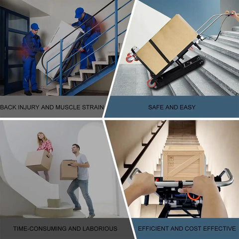Super Heavy Duty Electric Stair Climber Cart With 440 LB Max Load Capacity And 600W Motor transporting boxes up stairs safely.