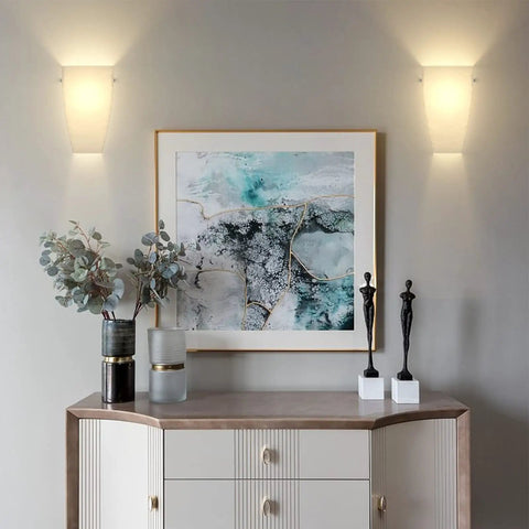 Dope Wall Sconces Set Of Two Modern Wall Mount Light Fixtures With Acrylic Shades illuminating hallway art display.