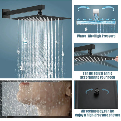 Matte Black 12 Inch Rainfall Shower System With Shower Head Handheld Sprayer Tub Filler And Wall Mount Mixer Valve All Metal Brass Construction Luxury Rough In Kit Included with water and air technology