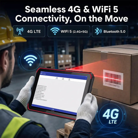 Tough As Nails Eight Inch Rugged Android Tablet With Integrated 1D 2D Barcode Scanner in use, scanning barcode on box.