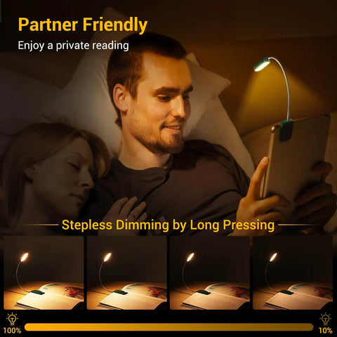 Two Pack Clip On Book Lights For Late Night Reading Rechargeable Eye Care LED Lamps With 360 Flexible Neck shown in use