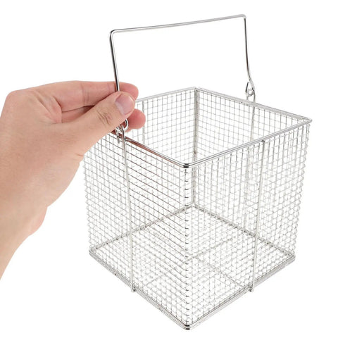Stainless Steel Ultrasonic Cleaning Basket With Swinging Handle For Small Parts Dip And Drain Design High Temperature Resistant Parts Basket For Equipment And Precision Tools Easy Batch Handling, wire mesh basket with hand-held handle