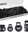 Forty Piece Cord Locks Set For Drawstrings Black Plastic Toggle Stoppers With Four Sizes Elastic Cord Adjusters For Paracord Shoelaces Clothing And Bags Durable Spring Loaded Locking Clips displayed in open case