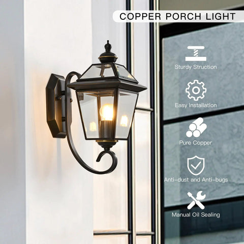 Copper Outdoor Wall Light Fixture 13.7 Inch Exterior Porch Light in Oil Rubbed Bronze Finish with Beveled Glass Wall Mount installed