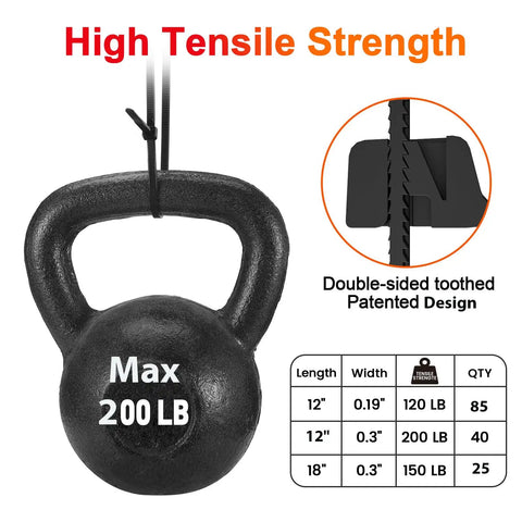 Heavy Duty Zip Ties 150 Pack Set With 12, 12, And 18 Inch V Shaped Double Sided Assorted Sizes, 200Lb Tensile Strength Nylon Tie Wraps chart