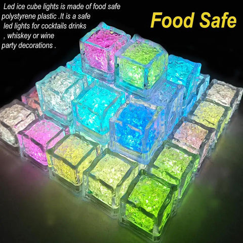 Light Up LED Ice Cubes For Drinks, 120 Pack Waterproof Multi Color Glow With Liquid Sensor, stacked and lit on table