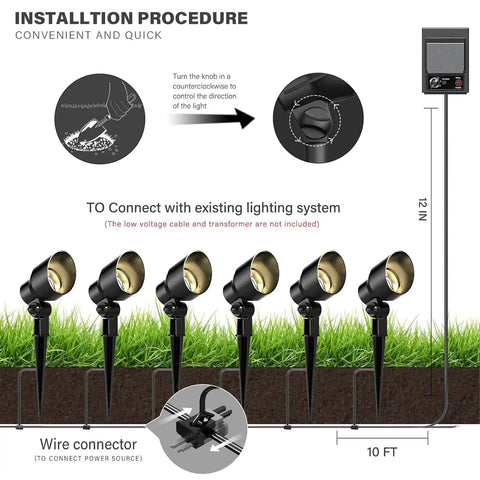 6 Watt LED Flood Lights 8 Pack Outdoor Landscape Lighting installation guide with easy stake install in garden setup