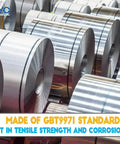 Stacks of rolled steel sheets labeled as GBT9971 standard pure iron, showcasing tensile strength and corrosion resistance.