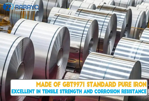 Stacks of rolled steel sheets labeled as GBT9971 standard pure iron, showcasing tensile strength and corrosion resistance.