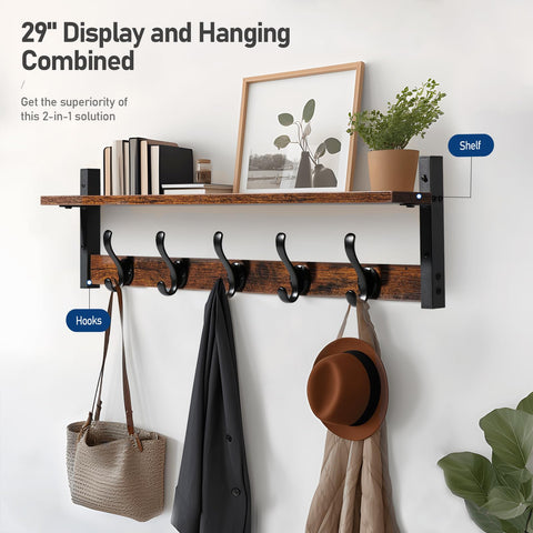 29 Inch Rustic Wall Coat Rack With Shelf And Hooks Entryway Organizer For Living Room Bedroom Or Bathroom Heavy Duty Black Finish 80 Lbs Capacity Perfect Storage And Display showcasing shelf with decor and hooks holding coats and bags.