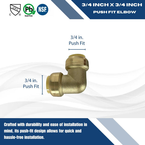 Three Quarter Inch Push Fit Elbow Set For Copper CPVC And PEX Pipes, Lead Free Brass Body, Corrosion Resistant, ANSI NSF Certified