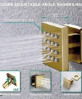 Top Shelf Led Shower System With Built In Bluetooth Speakers And 15X23 Panel Delivers Dope Mist To Heavy Pressure Body Jet Functions Complete With Thermostatic Mixing Valve For That Fresh Bathroom Glow Up, showcasing a square adjustable angle shower head in brass.