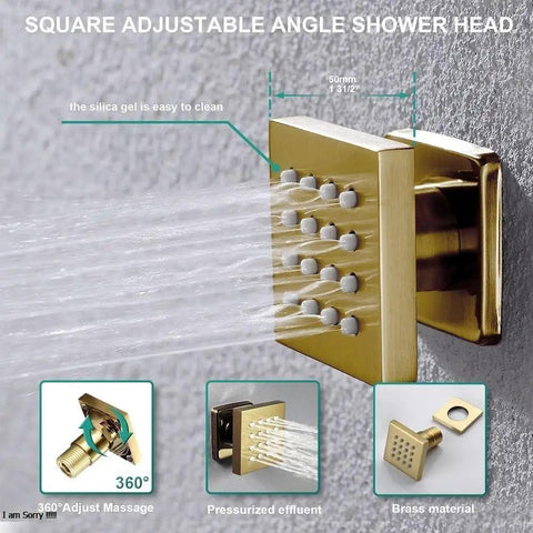 Top Shelf Led Shower System With Built In Bluetooth Speakers And 15X23 Panel Delivers Dope Mist To Heavy Pressure Body Jet Functions Complete With Thermostatic Mixing Valve For That Fresh Bathroom Glow Up, showcasing a square adjustable angle shower head in brass.