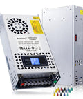 Beefy 600W 24V Adjustable DC Power Supply With Led Display showing dual unit front and side view, AC 110V to 220V input, digital readout.