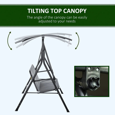 Three Person Outdoor Porch Swing With Stand And Tilt Canopy showing adjustable tilt mechanism, Comfy Bench Style Seat, Steel Frame