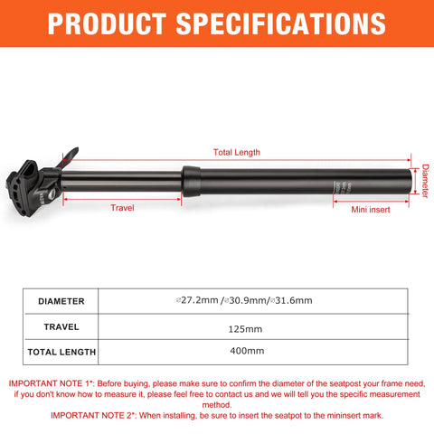 Diagram of Dope Dropper Post Fits 27.2 30.4 30.9 31.6mm Diameters and 400mm Length with 125mm Travel, aluminum seat post details
