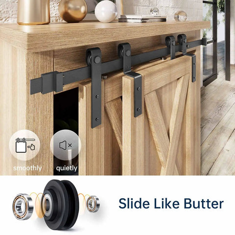 5 Foot Bypass Sliding Barn Door Hardware Track Kit for easy install, showing heavy duty carbon steel and nylon rollers on living room cabinet