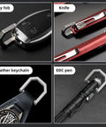 Rock Solid Titanium D Ring Keyholder with Hella Secure Crossbar Mount on key fob, knife, leather keychain, and EDC pen.