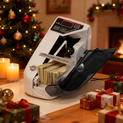 Beast Mode Fast Money Counter With UV Counterfeit Detection Portable Cash Counter For Bills on a festive table
