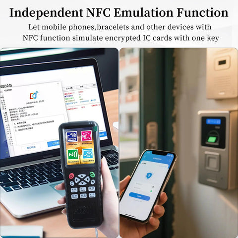 All In One Multi Frequency RFID Reader And Writer X100 for Boss Level Access Control showing NFC emulation on phone and device