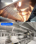 Before and after installation of heavy duty rubber blow off caps kit for kitchen suppression vent hood systems.