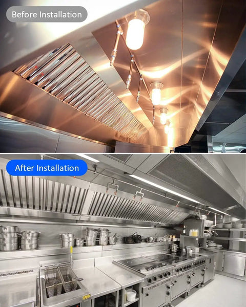 Before and after installation of heavy duty rubber blow off caps kit for kitchen suppression vent hood systems.