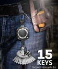 Two-Pack Heavy-Duty Retractable Keychain With Carabiner And 31.5 Inch Wire Rope attached to belt, holding multiple keys.