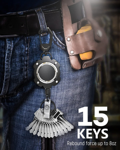 Two-Pack Heavy-Duty Retractable Keychain With Carabiner And 31.5 Inch Wire Rope attached to belt, holding multiple keys.