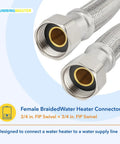 18 Inch Braided Stainless Steel Water Heater Connector Hose 3/4 Inch FIP X 3/4 Inch FIP Female Ends, close-up view