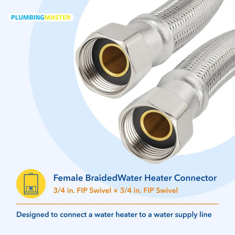 18 Inch Braided Stainless Steel Water Heater Connector Hose 3/4 Inch FIP X 3/4 Inch FIP Female Ends, close-up view