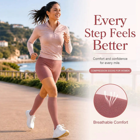 Woman running wearing 4 Pairs Compression Socks For Women And Men With 15-20 mmHg Graduated Compression For Circulation
