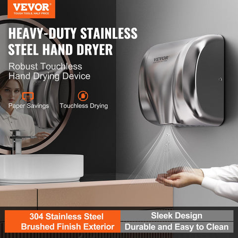 Heavy Duty Commercial Hand Dryer 1300W Automatic High Speed Stainless Steel Warm Wind Wall Mounted in bathroom setting