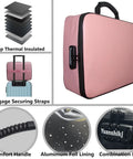 Front view of a pink fireproof and waterproof document organizer box with lock, showing thermal insulation and luggage straps.