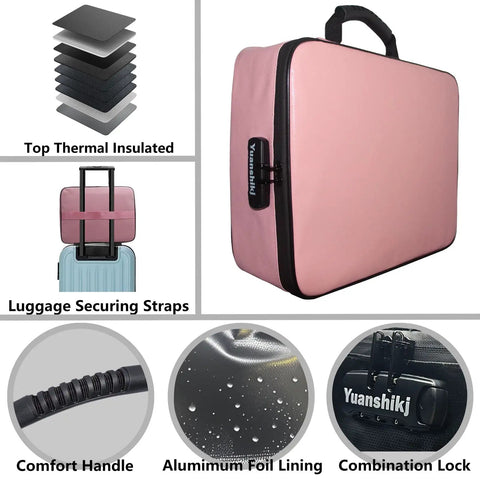 Front view of a pink fireproof and waterproof document organizer box with lock, showing thermal insulation and luggage straps.