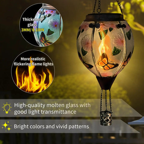 Hot Air Balloon Solar Lantern With Flickering Flame, Glass Hanging Garden Lights, Butterfly Pattern, 18 Inch Tall
