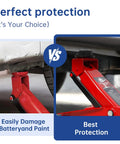 Installed red jack stand with rubber pad adapter protecting pinch welds under car; 8-pack with two pad types