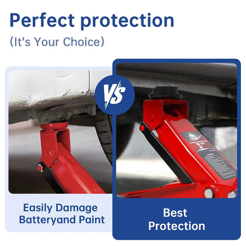 Installed red jack stand with rubber pad adapter protecting pinch welds under car; 8-pack with two pad types