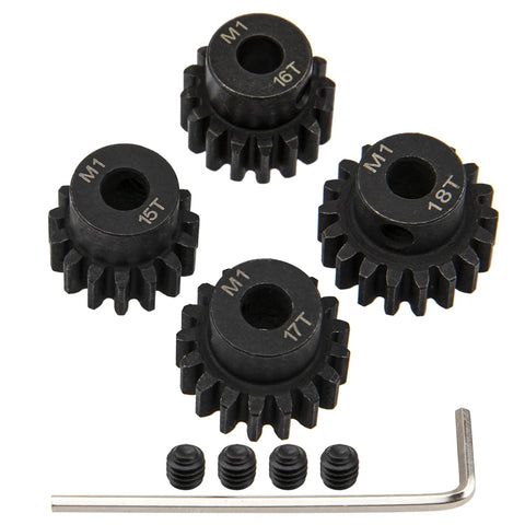 Mod 1 Hardened Steel M1 Pinion Gear Set 15T 16T 17T 18T For 5mm RC Motor Shaft, Beefy Upgrade For 1/8 And 1/10 Scale RC Cars, Trucks, And Buggy