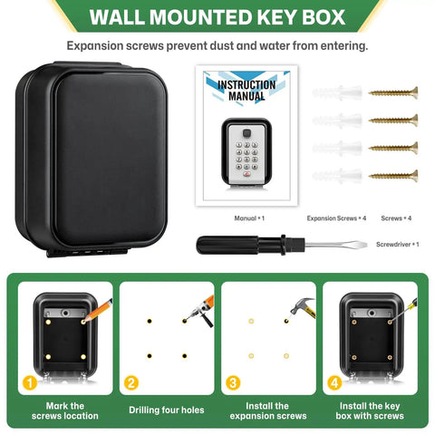 Waterproof Key Lock Box With Code Wall Mount Safe For House Keys Realtors And Garage Spare Keys 12 Digit Keypad Lock Box High Security With Easy Reset Durable Weatherproof Key Storage For Real Estate Pros, shown with components and installation instructions.