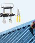 Sheet Metal Bender Tool With Manual Brake And Shears For Precise 0 To 90 Degree Bends In Iron And Aluminum, includes shears and installation scene on roof