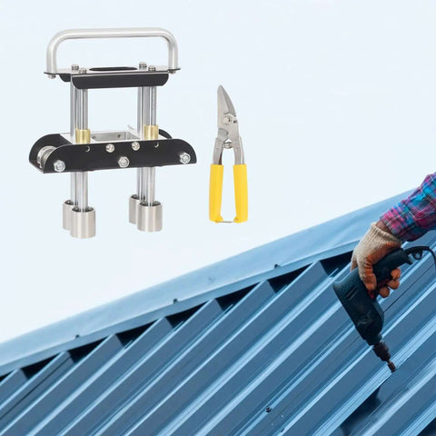 Sheet Metal Bender Tool With Manual Brake And Shears For Precise 0 To 90 Degree Bends In Iron And Aluminum, includes shears and installation scene on roof